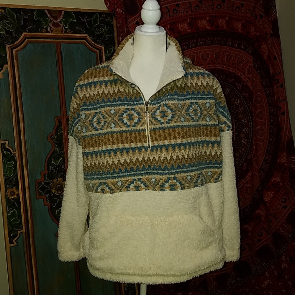 Fuzzy Pullover Sweater with Aztec Print